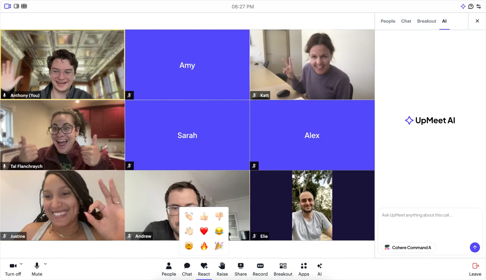 UpMeet in a live call with the AI panel, breakout rooms and reactions