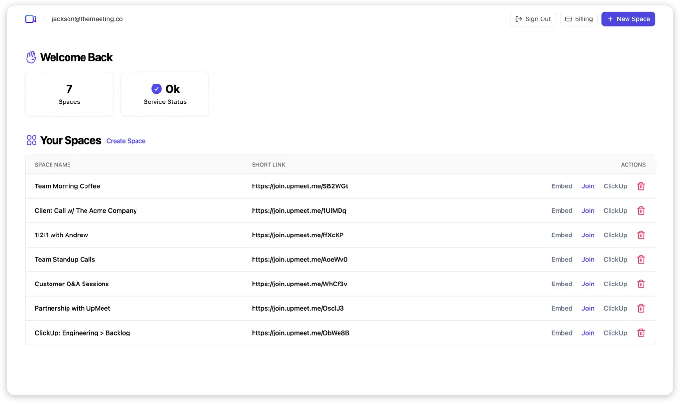 The UpMeet dashboard listing rooms and audit logs